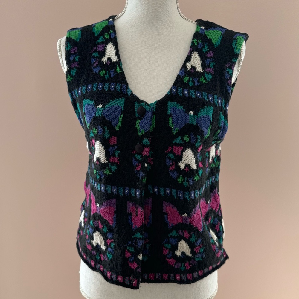 Vintage 1990s Novelty Christmas Holiday Knit Sweater Vest Wreaths & Bows